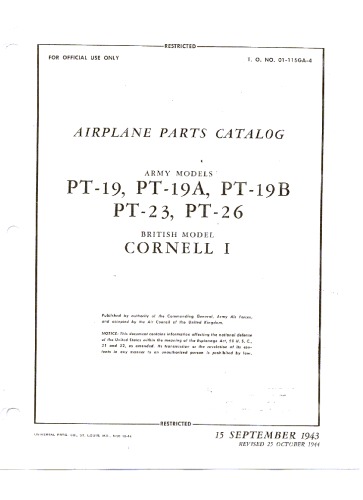 Airplane Parts Catalog. Army Models PT-19, PT-19A, PT-19B, PT-23, PT-26. British Model Cornell I