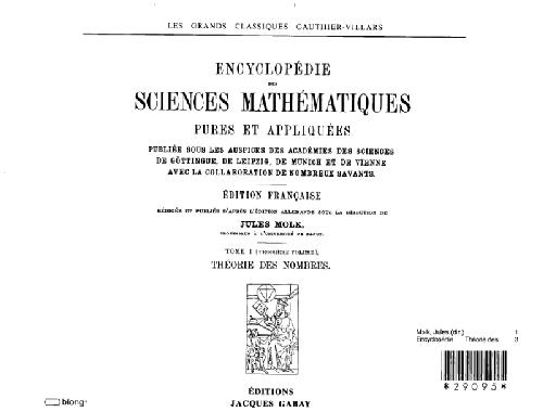 Encyclopedie des sciences mathematiques. Theorie des nombres