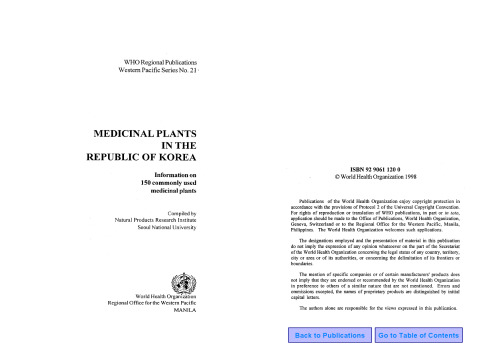 Medicinal Plants in the Republic of Korea: Information on 150 Commonly Used Medicinal Plants