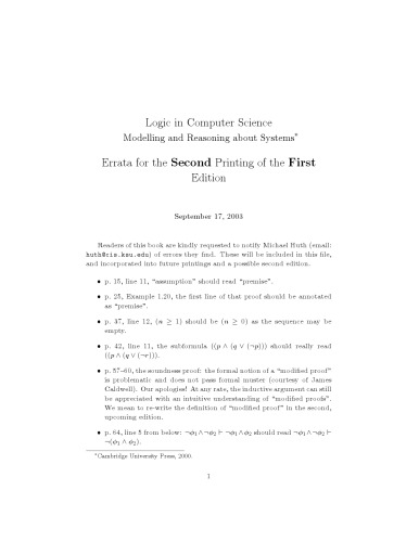 Logic in Computer Science: Modelling and Reasoning about Systems - Errata