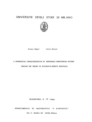 A geometrical characterization of integrable Hamiltonian systems through the theory of Poisson-Nijenhuis manifolds (Quaderno 19-1984, Univ. of Milan)