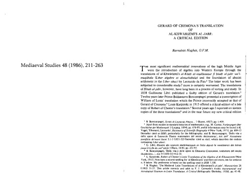 Gerard of Cremona's translation of al-Khwarizmi's al-Jabr: A critical edition