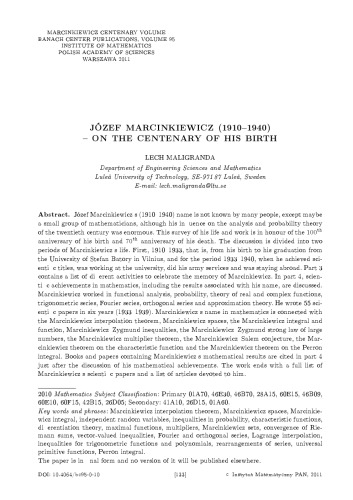 Jozef Marcinkiewicz  (1910-1940) - on the centenary of his birth