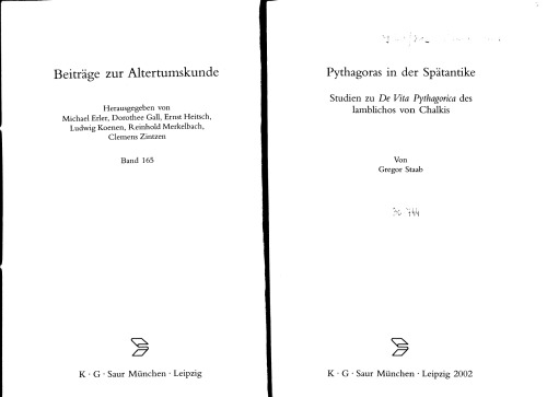 Pythagoras in Spaetantike. Studien zu De Vita Pythagorica des Iamblichos von Chalkis