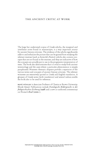 The Ancient Critic at Work: Terms and Concepts of Literary Criticism in Greek Scholia