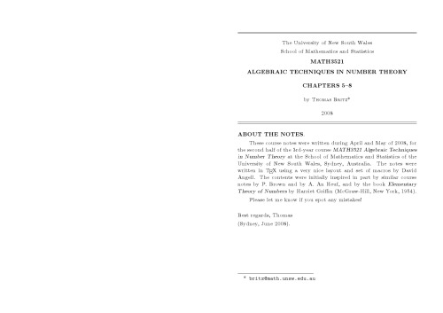 Math3521: Algebraic techniques in Number Theory: Chapters 5–8