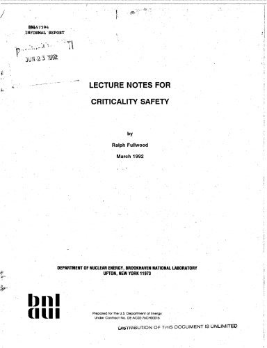 Lecture Notes for Criticality Safety