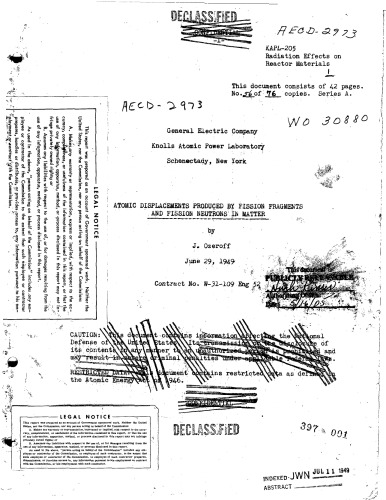 Atomic Displacements Prod by Fission Fragments, Neutrons in Matter [declassified]