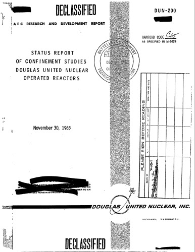 Confinement Studies - Douglas United Nuclear Reactors [Declassified] - US AEC