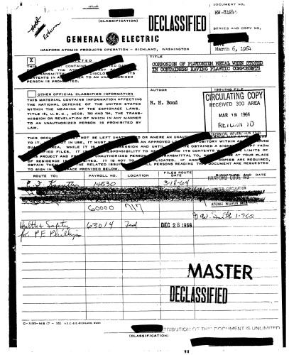 Corrosion of Pu Metal Stored in Containers w Plastic Components [declassified]