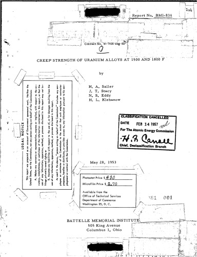 Creep Strength of Uranium Alloys at 1500, 1800 F [declassified]