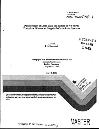 Devel of Lg-Scale Prodn of Doped Glasses for MJ-Scale Lasers [jnl atricle]