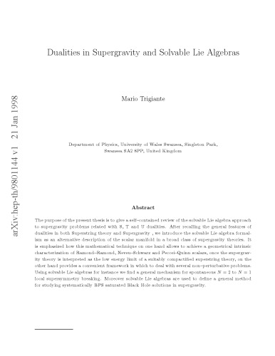 Dualities in Supergravity and Solvable Lie Algebras [thesis]