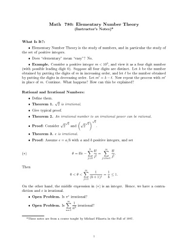 Elementary Number Theory (Math 780 instructors notes)