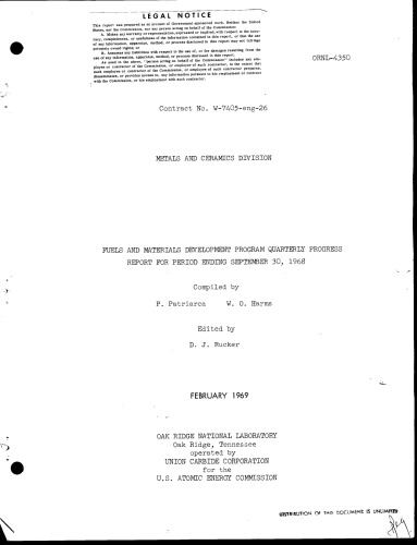 Fuels and Materials [nuclear] Development Pgm [Qtrly Rpt Sep 30, 1968]
