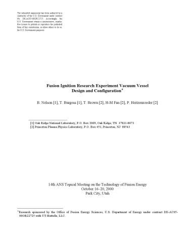 Fusion Ignition Res. Exper - Vacuum Vessel Design, Config [short article]