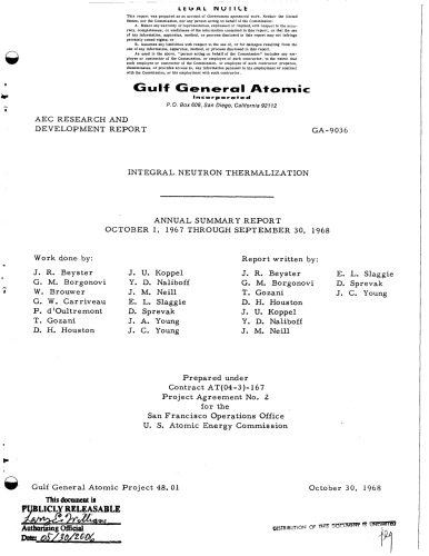 Integral Neutron Thermalization [annual summ rpt Oct 67 - Sep 68]