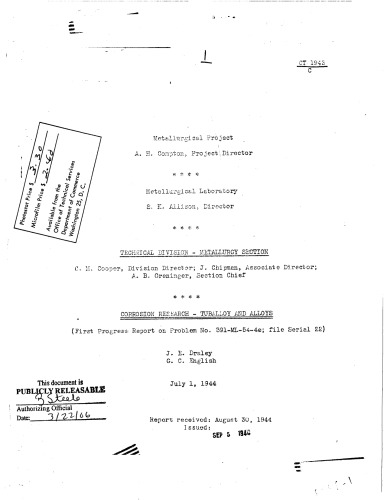 Metallurgical Project - Corrosion of Tuballoy [Uranium] and its Alloys