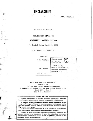 Metallurgy Division - Quarterly Prog Rpt [Apr 30, 1952] [Declassified]