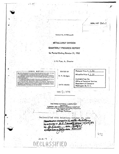 Metallurgy Division - Quarterly Prog Rpt [Oct 31, 1952] [Declassified]
