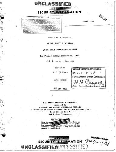 Metallurgy Division - Semiannual Progress Rpt [Jan 31, 1952] [Declassified]