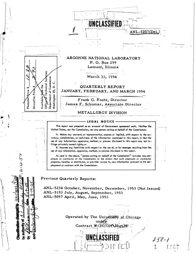 Metallurgy Division - [quarterly rpt Jan-Mar 1954] [declassified]