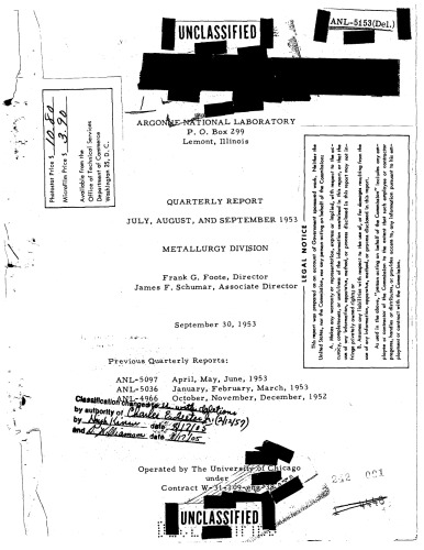 Metallurgy Division - [quarterly rpt Jul-Sep 1953] [declassified]