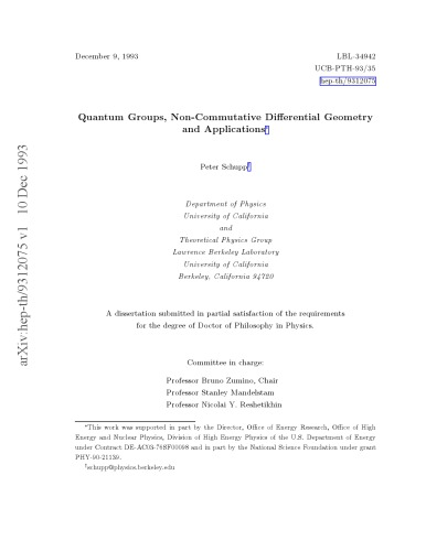 Quantum Groups, Non-Commutative Diff Geom and Appls [thesis]