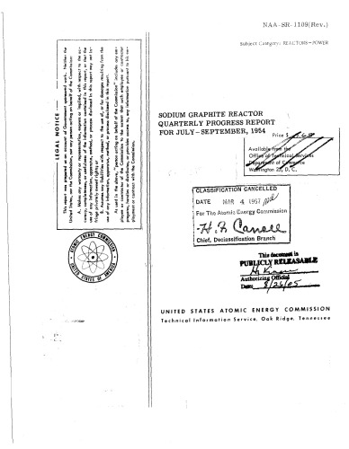 Sodium-Graphite Reactor Quarterly Prog Rpt [Jul-Sep 1954] [Declassified]