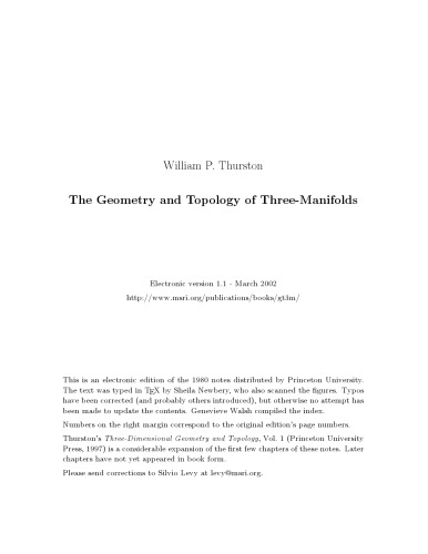 The Geometry and Topology of Three-Manifolds