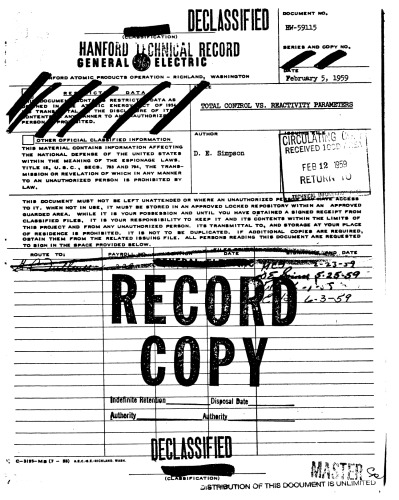 Total Control vs Reactivity Parameters [Declassified]