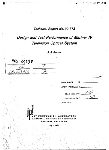 Design and test performance of Mariner IV television optical system
