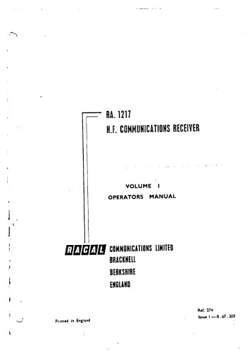 RA 1217 H.F. communications receiver : volume 1 : operators manual, 1967