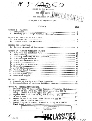 Report on the artillery with the VIII Corps in the reduction of Brest