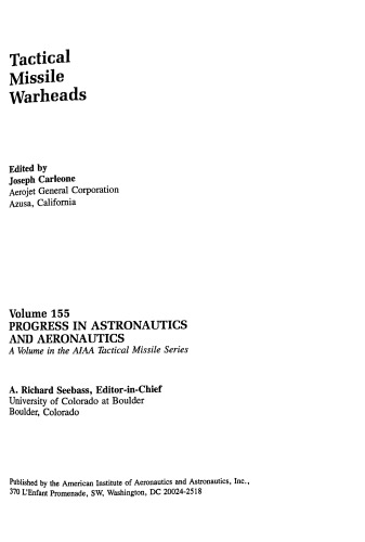 Tactical Missile Warheads (Progress in Astronautics and Aeronautics)