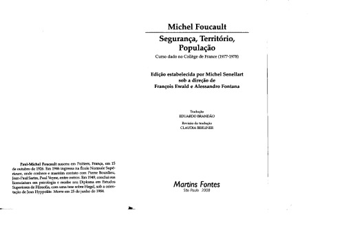 Segurança, território, população : curso dado no Collège de France (1977-1978)