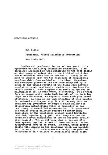 Nutrition and mental functions : [proceedings of a symposium of the Kittay Scientific Foundation held March 29-30, 1973]