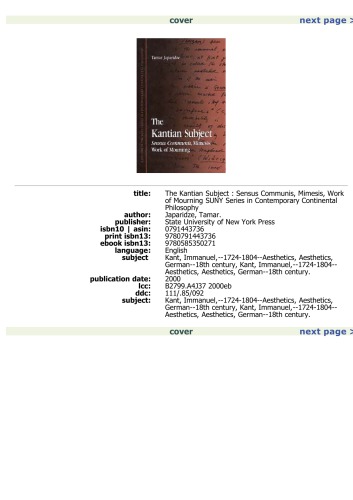 The Kantian Subject: Sensus Communis, Mimesis, Work of Mourning