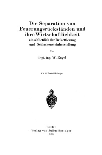 Die Separation von Feuerungsrückständen und ihre Wirtschaftlichkeit: Einschließlich der Brikettierung und Schlackensteinherstellung