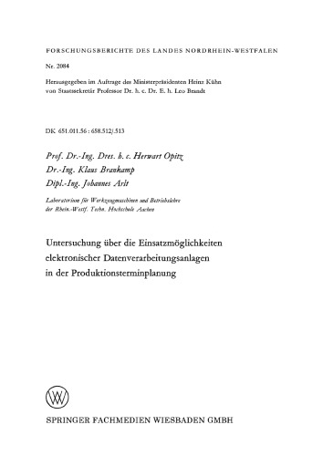 Untersuchung über die Einsatzmöglichkeiten elektronischer Datenverarbeitungsanlagen in der Produktionsterminplanung