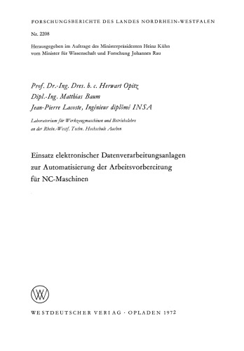 Einsatz elektronischer Datenverarbeitungsanlagen zur Automatisierung der Arbeitsvorbereitung für NC-Maschinen