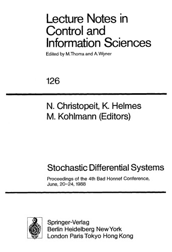 Stochastic Differential Systems: Proceedings of the 4th Bad Honnef Conference, June, 20–24, 1988