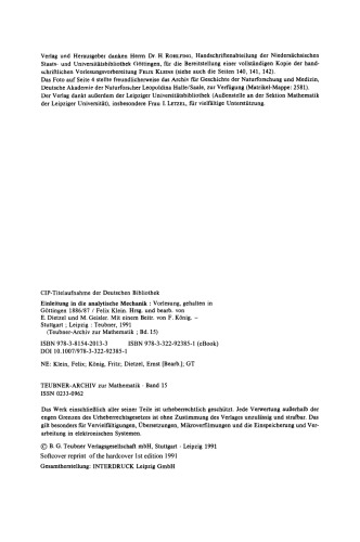 Einleitung in die analytische Mechanik: Vorlesung, gehalten in Göttingen 1886/87