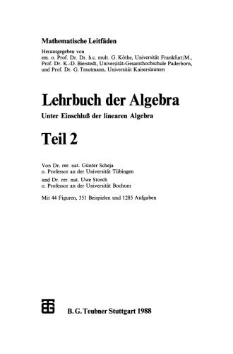 Lehrbuch der Algebra: Unter Einschluß der linearen Algebra, Teil 2