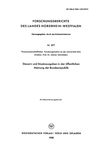 Steuern und Staatsausgaben in der öffentlichen Meinung der Bundesrepublik