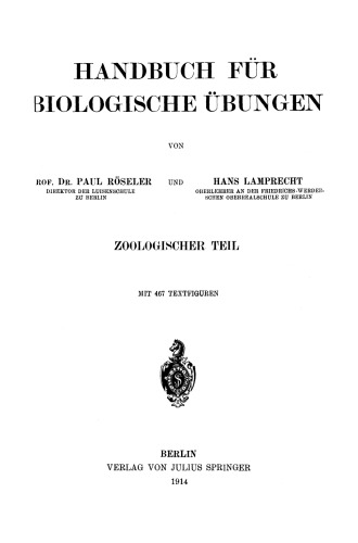 Handbuch fur Biologische Ubungen: Zoologischer Teil