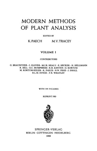 Modern Methods of Plant Analysis / Moderne Methoden der Pflanzenanalyse