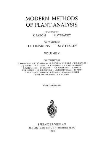 Modern Methods of Plant Analysis / Moderne Methoden der Pflanzenanalyse