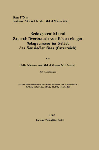 Redoxpotential und Sauerstoffverbrauch von Boden einiger Salzgewasser im Gebiet des Neusiedler Sees (Osterreich)