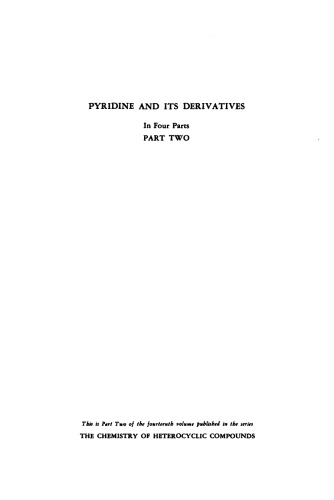 Chemistry of Heterocyclic Compounds: Pyridine and its Derivatives, Part Two, Volume 14